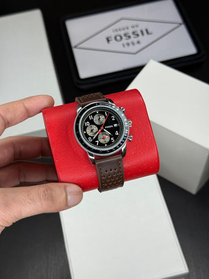 Luxury Men’s Chronograph Watch with Brown Leather Strap & Black Dial