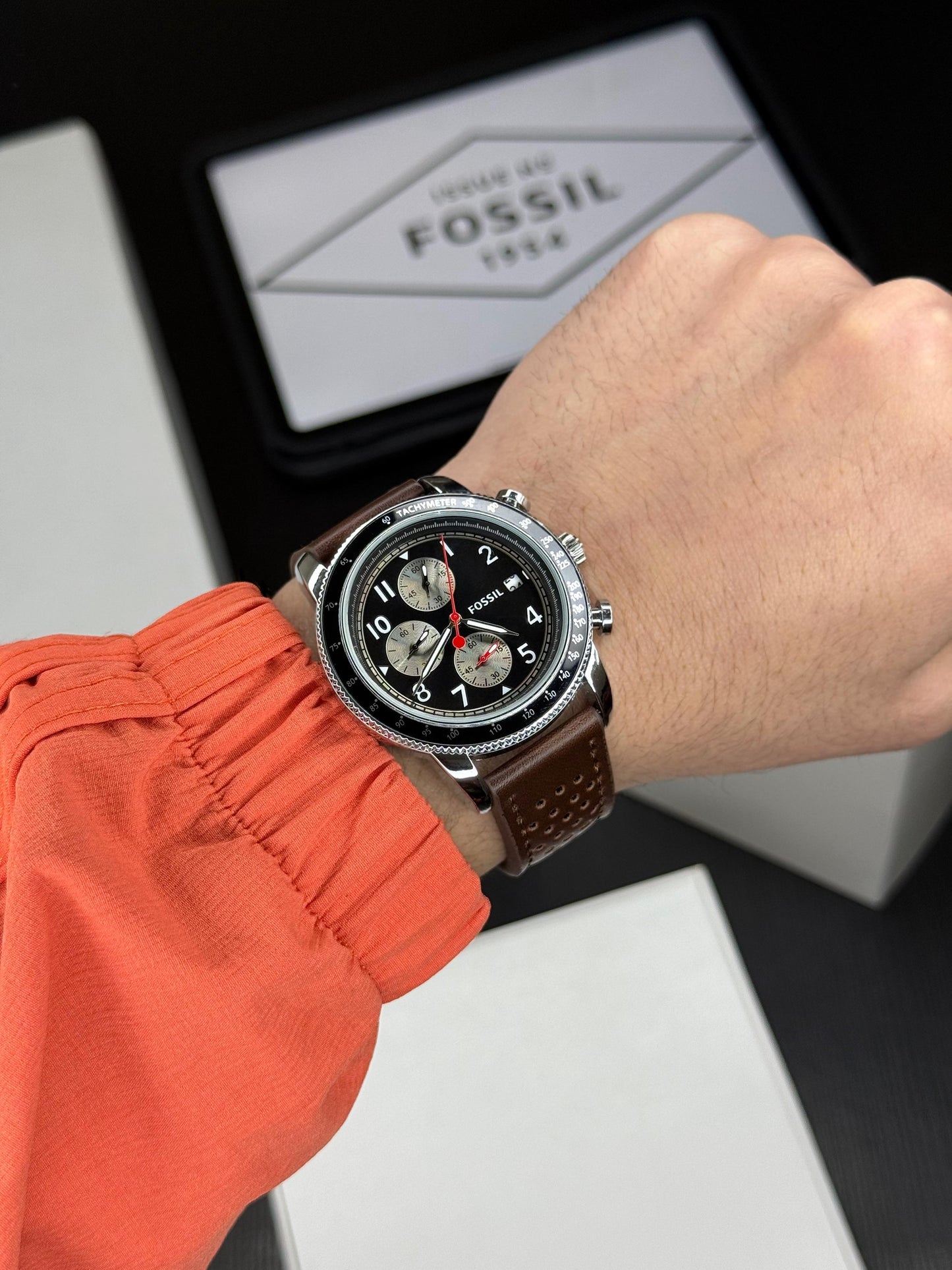 Luxury Men’s Chronograph Watch with Brown Leather Strap & Black Dial