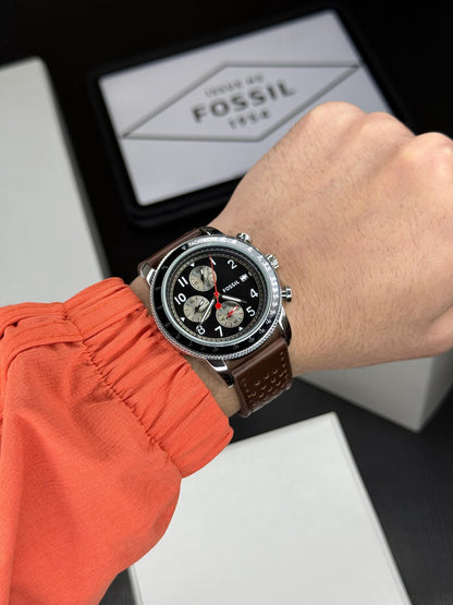 Luxury Men’s Chronograph Watch with Brown Leather Strap & Black Dial