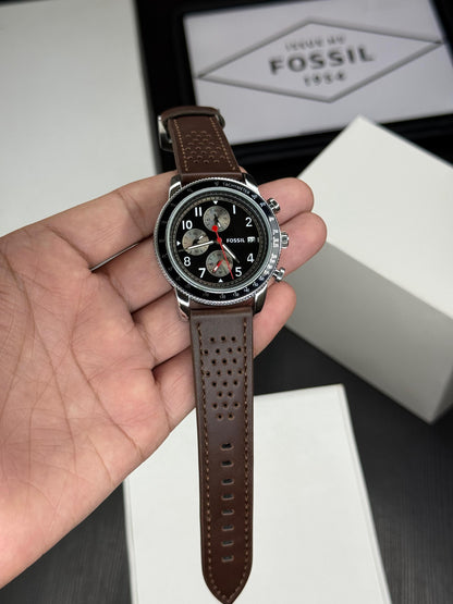 Luxury Men’s Chronograph Watch with Brown Leather Strap & Black Dial