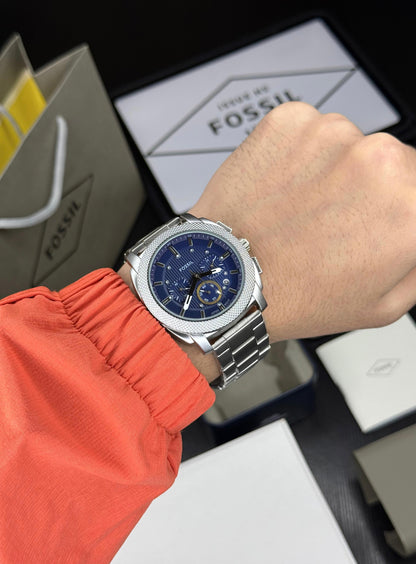 Bold Industrial Men’s Chronograph Watch – Blue Dial | Steel Strap