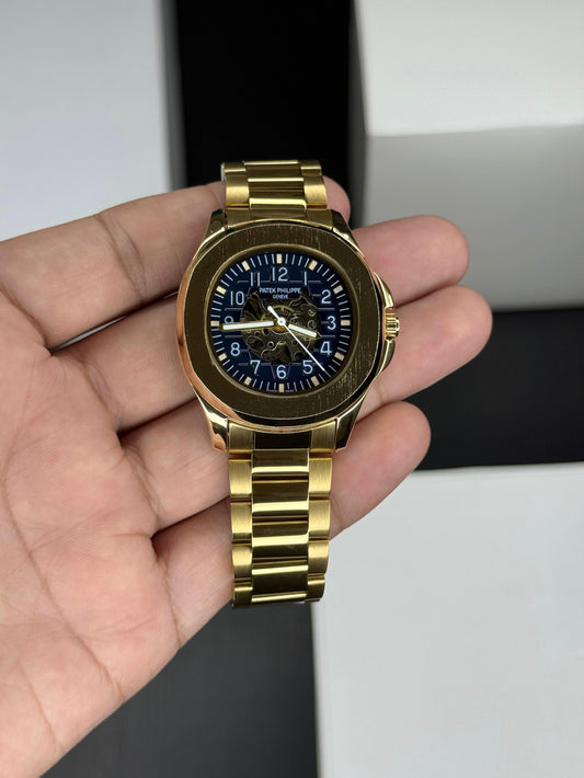 Men’s Luxury Skeleton Automatic Mechanical Watch – Golden Strap - 42mm