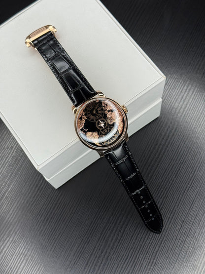 Dual Time Zone Automatic Men’s Watch – Black Leather Strap |  43mm