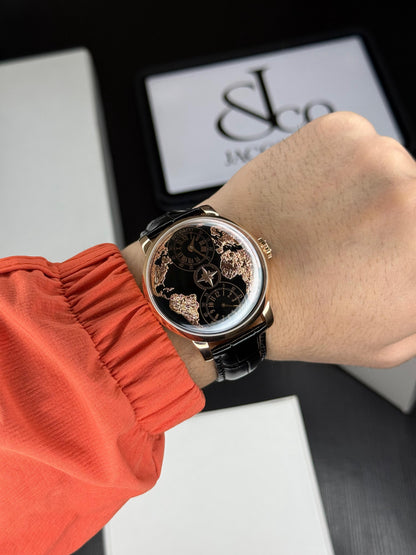 Dual Time Zone Automatic Men’s Watch – Black Leather Strap |  43mm