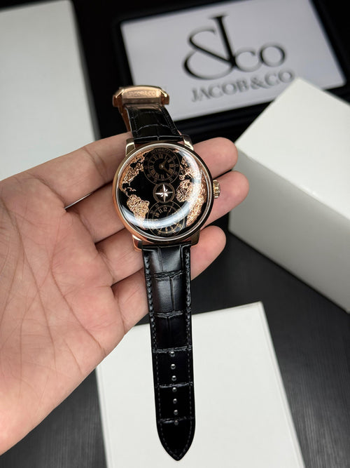 Dual Time Zone Automatic Men’s Watch – Black Leather Strap |  43mm