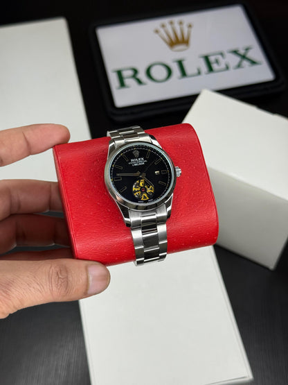 Open-Back Men’s Watch – Quartz Movement | Silver Metal Strap | 42mm